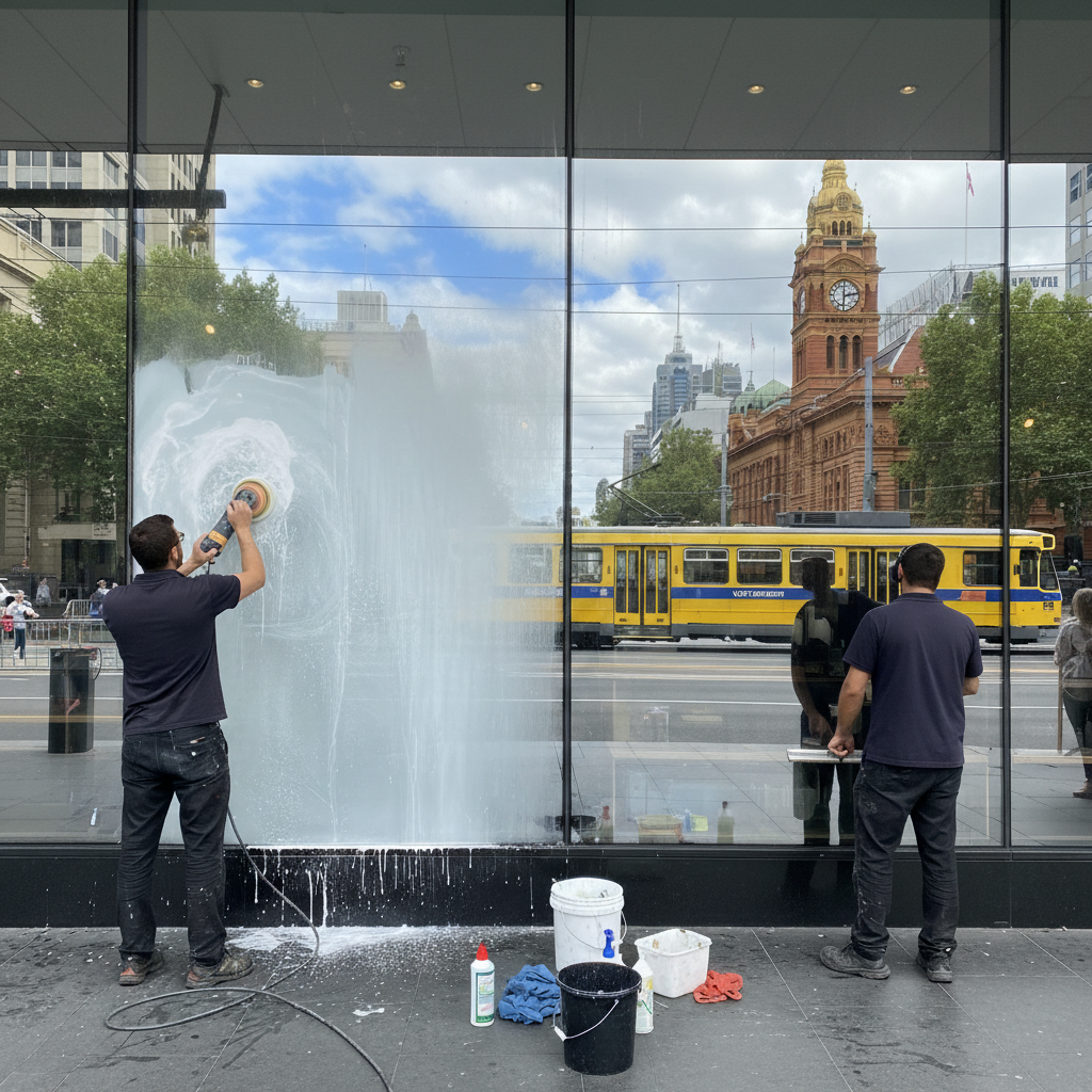 Hard Water Stain Removal on Commercial Glass in Melbourne